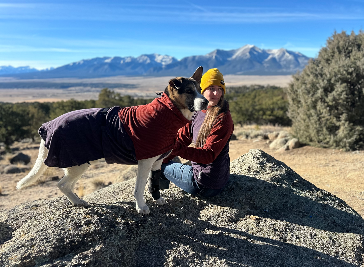 Person and dog in winter clothing sitting on a rock with mountains in the background