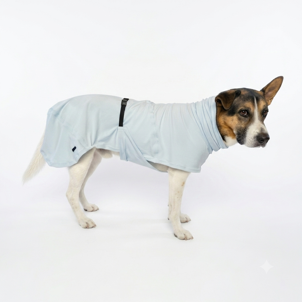 A dog wearing a light blue dog coat or sweater, standing in profile against a clean white studio background.